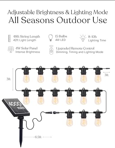 Brightech Ambience Pro Super Bright 48 Ft, 15 Bulbs Solar Power Remote Control Outdoor String Lights, Edison Spiral Shatterproof Bulbs, Commercial Grade LED, Waterproof Patio Lights, 4W Soft White - Image 3