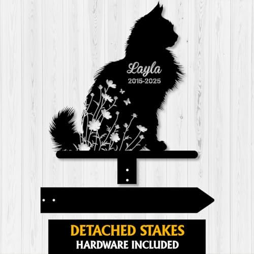 Custom Longhair Cat Memorial Stake, Floral Cat Standing Grave Marker, Personalized Pet Loss Gift Metal Garden Plaque (Floral Cat Standing) - Image 3