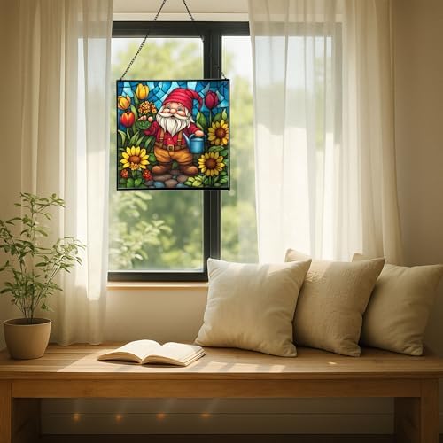 Spring Garden Gnome Stained Glass Suncatcher – Square Hanging Window Panel for Home or Greenhouse – Whimsical Glass Art Gift for Garden Lovers, Christmas, Halloween, Father Days YhRWhP - Image 7