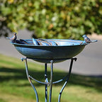 Zaer Ltd. Deep Well Made Metal Birdbath with 2 Cast Iron Birds and Leaf Decoration (Frosted Blue) - Image 3