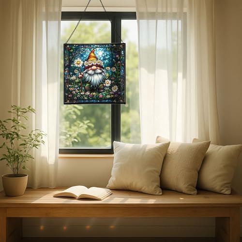 Daisy Crown Gnome Stained Glass Suncatcher – Square Hanging Window Panel for Home or Greenhouse – Whimsical Glass Art Gift for Garden Lovers, Christmas, Halloween, Father Days uoZbMI - Image 7