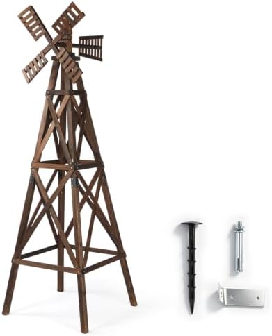VINGLI Upgraded Wood Windmill with Bearing&Stake for Lawn(Carbonized Brown) by VINGLI