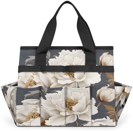 White Garden Tool Bag Organizer Heavy Duty Floral Flowers Gardening Tote Bag with 10 Pockets for Women Men Gardening Gifts by Home