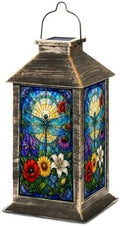 Solar Lantern Blue Dragonfly Stained Glass Colorful Floral Outdoor Waterproof Hanging Solar Light Outside Lights for Patio Yard House Lawn Decor Birthday Gifts for Women Mom by Unknown