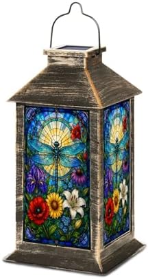 Solar Lantern Blue Dragonfly Stained Glass Colorful Floral Outdoor Waterproof Hanging Solar Light Outside Lights for Patio Yard House Lawn Decor Birthday Gifts for Women Mom by Unknown