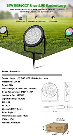 LGIDTECH FUTC03 RGB+CCT Outdoor 15W LED Landscape Garden Spotlight AC 100-240V,Color Changing,CCT Color Temperature Adjustable,Memory Function.No Plug - Image 2