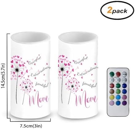 Pink Dandelion Flower Flameless LED Candles Electric Candles Set of 2 with Remote Control Timer Multicolor Light Happy Mother's Day Deor Gifts for Mom - Image 2