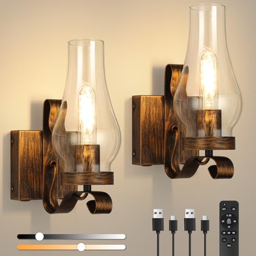 Battery Operated Wall Sconces, Rustic Wall Lights Set of 2, Non-Hardwired Antique Kerosene Wall Lamps, Vintage Bedside Distressed Gold Wall Sconces with Remote for Living Room Bedroom Hallway by EIDEARAYHomeLighting