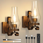 Battery Operated Wall Sconces, Rustic Wall Lights Set of 2, Non-Hardwired Antique Kerosene Wall Lamps, Vintage Bedside Distressed Gold Wall Sconces with Remote for Living Room Bedroom Hallway by EIDEARAYHomeLighting