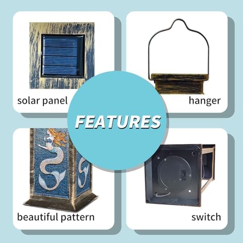 Solar Lantern Stained Glass Window Panel Scales Flowing Hair Sea Motif Outdoor Waterproof Garden Hanging Lantern Solar Powered Lighting Outside Table Lamp for Patio Deck Camping 1 Pack - Image 4