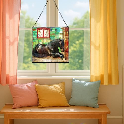Black Shire Horse Resting Under Stable Eaves Square Suncatcher – Stained Glass Style Window Panel with Pastoral Scene, Custom Decorative Hanging Art for Equestrian Home, Christmas Ao6ker - Image 5