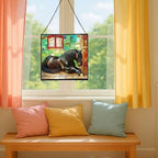 Black Shire Horse Resting Under Stable Eaves Square Suncatcher – Stained Glass Style Window Panel with Pastoral Scene, Custom Decorative Hanging Art for Equestrian Home, Christmas Ao6ker - Image 5