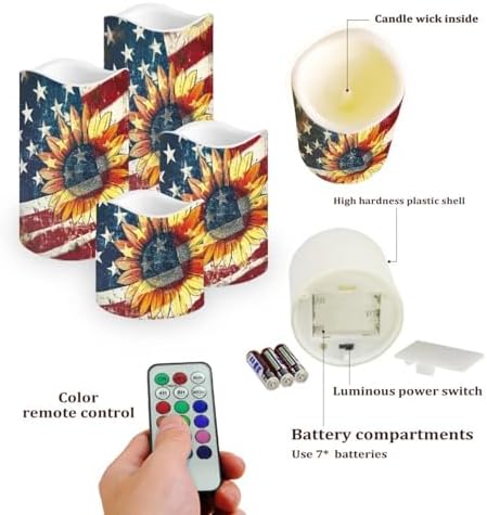 USA Flag and Sunflower Flameless Candles with Remote Control and Color Changing Decorations Indoor Electric Candles for Home Fireplace Kitchen Pack of 4 Fake Candles - Image 3
