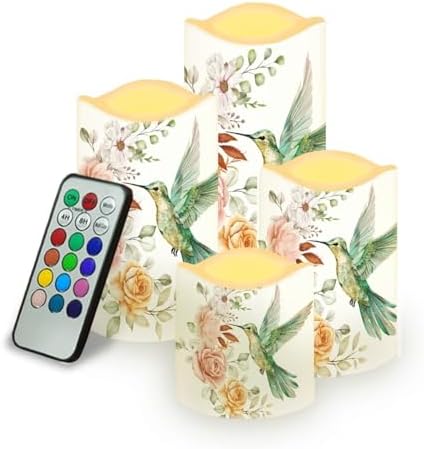 Hummingbird Floral Flickering Flameless Candles with Remote Color Changing Battery Operated Candles with Timer LED Pillar Candles for Valentines Wedding Holiday Party Home Decor Set of 4 by Uorisanigo
