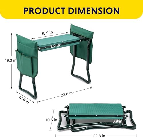 iPower Garden Kneeler and Seat Foldable Kneeling Bench with Sturdy Soft EVA Foam Pad for Outdoor, Fishing, Camping, 2 Tool Pouches Included, Green - Image 2