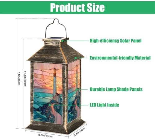 Solar Lantern Sunset Lighthouse Stained Glass Outdoor Garden Hanging Lantern Waterproof Solar Powered Lighting Outside Table Lamp for Deck Yard Camping Patio Decor - Image 2