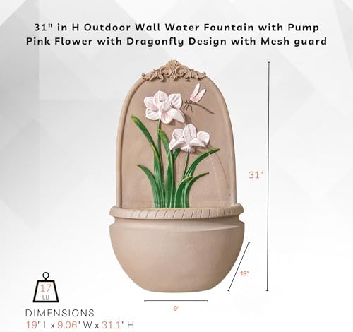 XBrand 31" in H Outdoor Wall Water Fountain with Pump- Pink Flower with Dragonfly Design with Mesh Guard - Image 4