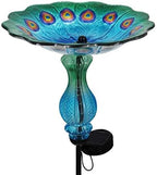 John's Studio Peacock Bird Bath for Outdoor - Glass Bowl Solar Light Cage Outside Dish Bird Feeder with Metal Stake for Garden, Yard and Patio - 32 inches by JohnsStudio
