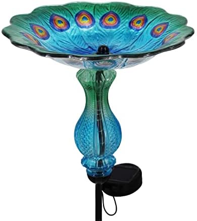 John's Studio Peacock Bird Bath for Outdoor - Glass Bowl Solar Light Cage Outside Dish Bird Feeder with Metal Stake for Garden, Yard and Patio - 32 inches by JohnsStudio