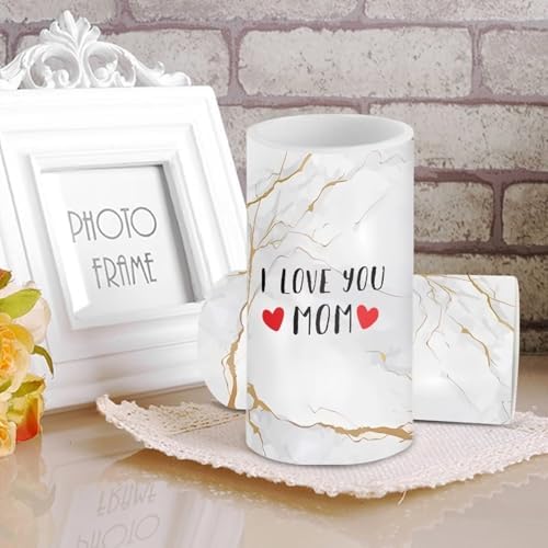 Gifts for Mom Flameless Candles with Moving Flame Battery Operated Electric Candles 2 Packs White Gloden Marble I Love You Mom Print - Image 3