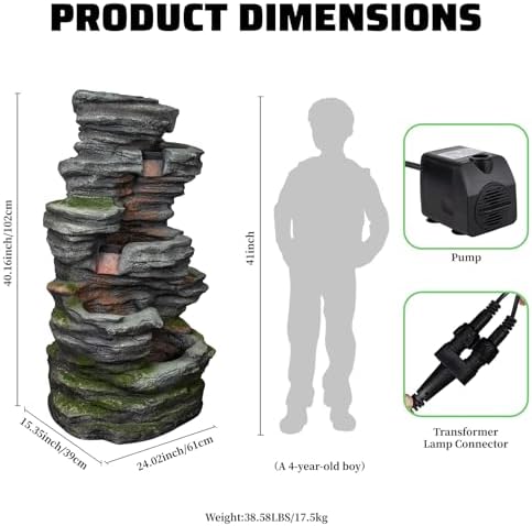 40.2" H Water Fountain Outdoor, 5-Tier Cascading Stacked Waterfall Fountain - Image 2