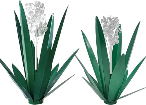 Metal Agave Plant Garden Art, 2 Pack Tequila Rustic Sculpture, Rustic Metal Agave Plants for Yard Stakes, Garden Figurines, Outdoor Patio (2 PCS White Flowers) by LCJECV