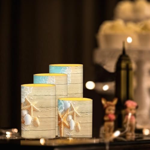 4 Pack Flickering Flamless Candles with Remote Battery Operated Elictric LED Pillar Candles with Timer for Outdoor Beach Wedding Coastal Home Decorations, Ocean Starfish - Image 3
