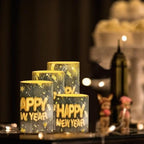 GLENLCWE Gold Happy New Year Flameless Led Candles Bulk with Timer Remote Blue Pillar Candles Battery Operated Flickering Light for Gift Party Sweet Home Decor - Image 2
