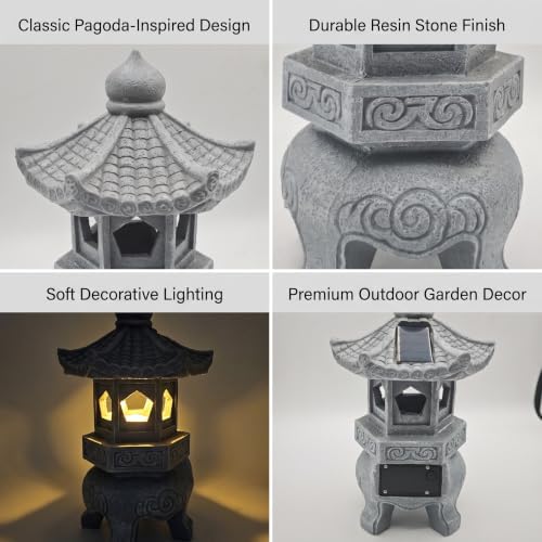 Japanese Solar Pagoda Lantern Outdoor Garden Decor Resin LED - Image 6
