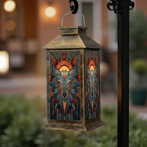 Solar Lantern Mid Century Wolf Stained Glass Outdoor Waterproof Garden Hanging Lantern Solar Powered Lighting Outside Solar Light for Patio Yard Camping, Gifts for Women Mom - Image 6