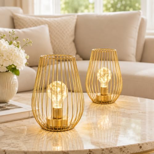 TRIROCKS Metal Cordless Table Lamp - 8'' Tall Set of 2 Cage Shape Battery Operated Lamp with Fairy Lights Bulb for Indoor/Outdoor Use Perfect for Christmas Garden and Weddings (Gold,Set of 2) - Image 2