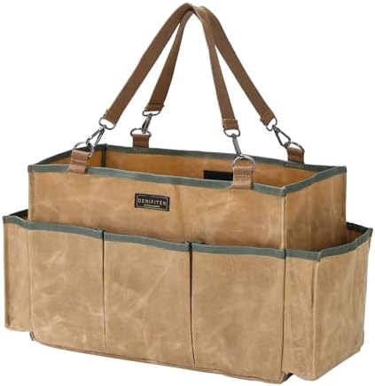 Tool Tote, Heavy Duty Waxed Canvas Wide Mouth Tool Pouch, Muti-Purpose Tool Bag with Adjustable Shoulder Strap (15 X 9.8 X 7.8 inch) | Khaki by Denifiter