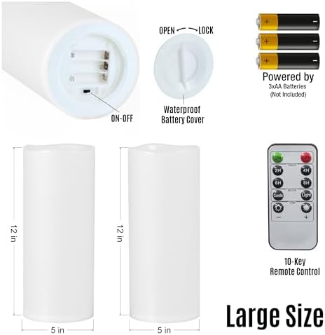 12" x 5" White Large Waterproof Outdoor Flameless Candles Battery Operated LED Flickering Pillar Candles with Remote and Timer for Indoor Outdoor Lanterns, Long Lasting, Set of 2 - Image 5