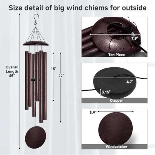 45" Large Wind Chimes for Outside, 6 Thick and Bold Aluminum Tubes (Bronze) - Image 2