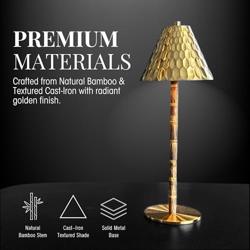 Bamboo Cordless LED Table Lamp – Rechargeable 24-Hour Battery, Dimmable Warm Light, Portable Wireless Lamp with Remote for Indoor/Outdoor Use, Home, Patio, Restaurant – (TEXTURED GOLD), 14.76" Tall - Image 2