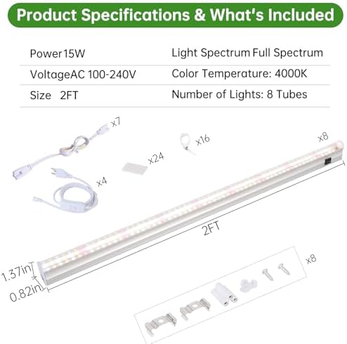 T5 Grow Lights, 2FT 120W (8×15W, 1000W Equivalent), Full Spectrum Grow Lights for Indoor Plants, 4000K, Plug and Play, Easy to Install, for Greenhouse & Plant Shelves (8 Pack) - Image 7