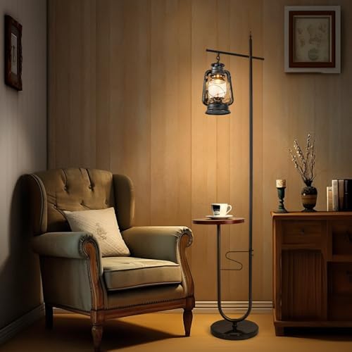 Vintage Floor Lamp with Table,Classical Lantern Standing Rustic Farmhouse Nightstand Hanging Arc Floor Lamp with Black Silver Finish,for Living Room,Bedroom,Reading Room(Silver) - Image 4