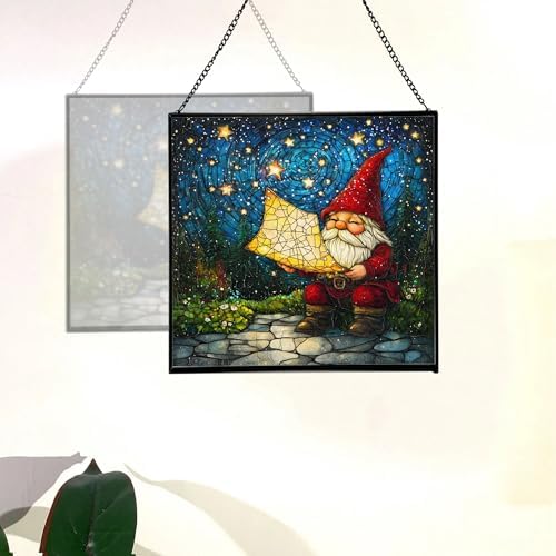 Gnome with Star Map Stained Glass Suncatcher – Square Hanging Window Panel for Home or Greenhouse – Whimsical Glass Art Gift for Garden Lovers, Christmas, Halloween, Father Days 3TxNhD - Image 4