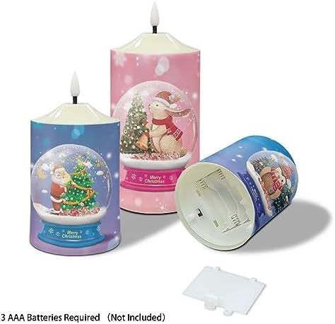 Cozeyat Flameless Candles with Remote Set of 3, Cute Snow Globes Pattern Flickering Electric Candles for Christmas Decoration, Unscented Realistic Moving Bullet Floating Flame Pillar Candles - Image 3