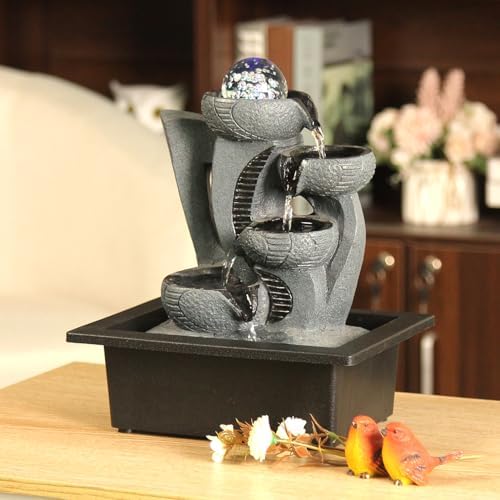 Indoor Tabletop Waterfall Fountain with Spining Orb for Home Office Desk, Gray Rock Resin Zen Water Feature with Soothing Sound for Relaxation & Meditation - Image 3