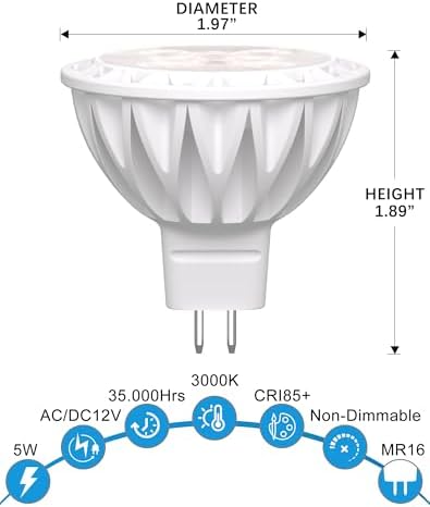 MR16 LED Bulbs 50W Equivalent 5W GU5.3 Spotlight Bulbs 3000K Warm White 38° Beam Angle Non-Dimmable for Landscape, Recessed, and Track Lighting – 12 Pack - Image 2