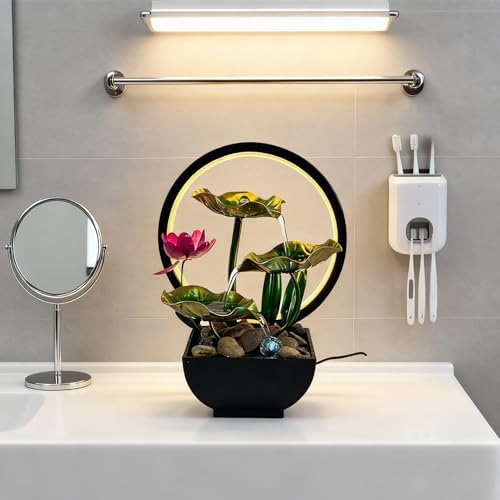 AOZITA Tabletop Fountain, Indoor Waterfall Fountain, Small Home Décor Zen Relaxation Soothing Sound Machine for Office, Living Room, or Bedroom, Green Metal Lotus with Flower, River Rocks, Round LED - Image 3