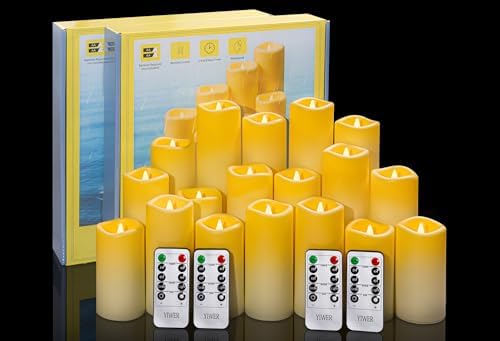 YIWER Plastic Waterproof Flameless Candles Set of 18: Battery Operated Candles Ivory Flickering Pillar Candles Include 4"/5"/6"/7"/8"/9" with 10-Key Remote 2/4/6/8H Timer Function by YIWER