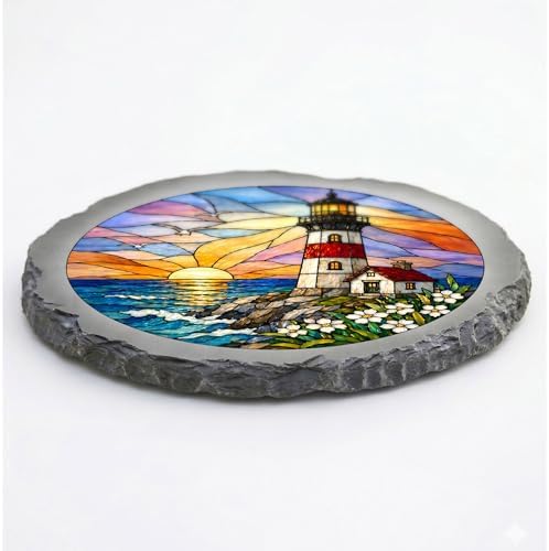 Magnolia Garden 10-Inch Lighthouse Stepping Stone - Faux Stained Glass Ocean Sunset Garden Stone, Weather-Resistant Resin Pathway Accent, Nautical Coastal Outdoor Yard Decor & Walkway Plaque - Image 3