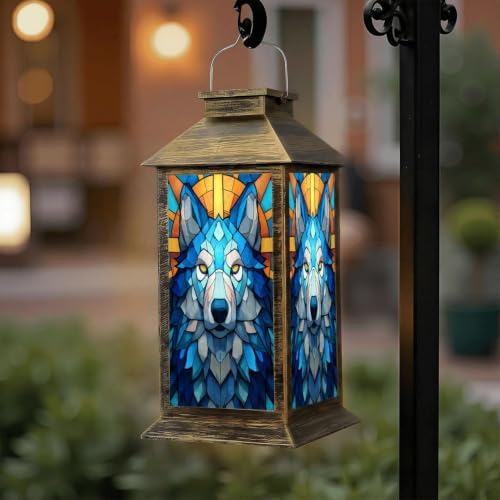 Solar Lantern Geometric Wolf Head Stained Outdoor Waterproof Garden Hanging Lantern Solar Powered Lighting Outside Solar Light for Patio Yard Camping, Gifts for Women Mom - Image 6
