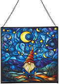 Starry Night Gnome Stained Glass Suncatcher – Square Hanging Window Panel for Home or Greenhouse – Whimsical Glass Art Gift for Garden Lovers, Christmas, Halloween, Father Days YZdsYX by Custom