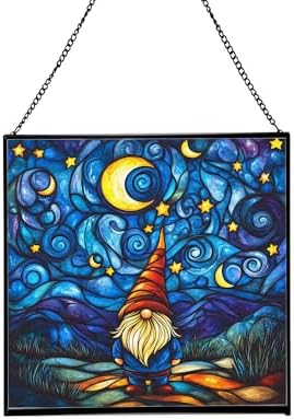 Starry Night Gnome Stained Glass Suncatcher – Square Hanging Window Panel for Home or Greenhouse – Whimsical Glass Art Gift for Garden Lovers, Christmas, Halloween, Father Days YZdsYX by Custom