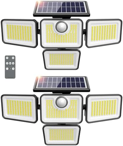 4500LM Solar Lights Outdoor, 4 Adjustable Heads Motion Sensor Lights, 3 Modes, 6500K, IP65 Waterproof Solar Security Wall Lights, Remote Control Flood Lights, Garden, Outside, Backyard, 2 Pack by omibeeSolarlightsoutdoor