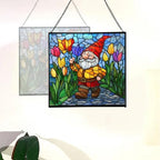 Gnome with Tulip Parade Stained Glass Suncatcher – Square Hanging Window Panel for Home or Greenhouse – Whimsical Glass Art Gift for Garden Lovers, Christmas, Halloween, Father Days ScCBi1 - Image 4