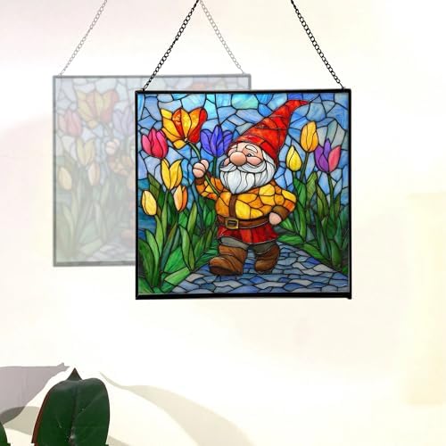 Gnome with Tulip Parade Stained Glass Suncatcher – Square Hanging Window Panel for Home or Greenhouse – Whimsical Glass Art Gift for Garden Lovers, Christmas, Halloween, Father Days ScCBi1 - Image 4